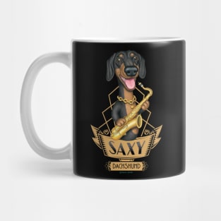 Cute Musical Doxie Dog with saxophone on Saxy Dachshund Dog Mug